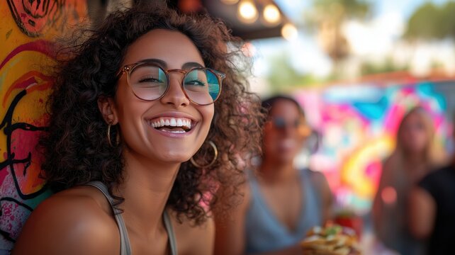 Young woman with curly hair and eyeglasses laughing, enjoying street food with friends in a vibrant outdoor market