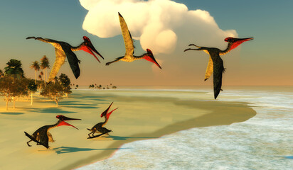 Pterodactylus fly out to Sea - Pterodactylus was a carnivorous predatory bird that lived in Bavaria, Germany during the Jurassic Period. A flock flies out to sea to search for fish to eat. © Catmando