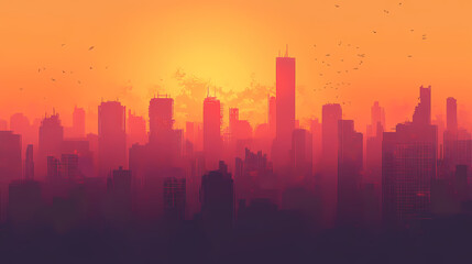 Fototapeta premium Post-apocalyptic cityscape shrouded in ashen fog. crumbling skyscrapers silhouetted against fiery sky. eerie, desolate atmosphere with hints of past civilization. Ashen. Illustration