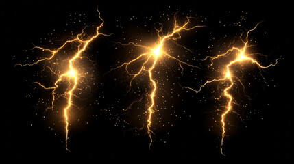 Set of yellow lightning, electric thunderbolt strike during night storm. Powerful electrical discharge, impact, crack, magical energy flash. Realistic 3d vector bolts isolated on black background