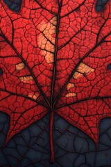 Vibrant Red Maple Leaf Displaying Intricate Textures Against a Dark Background in Autumn