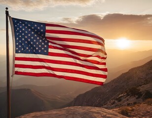 Professional photograph of an American proud flag on the sunset on the top of the Rocky Mountains waving in the wind 