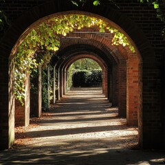Fototapeta premium An archway with intricate brickwork, beautifully capturing the interplay of shadow and light in a serene natural setting, highlighting craftsmanship and timeless architectural design.