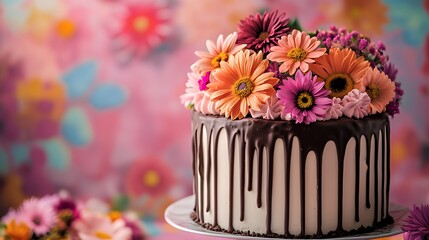 Delicate Floral Cake Adorned With Vibrant Blooms on a Colorful Background During a Festive Celebration Event