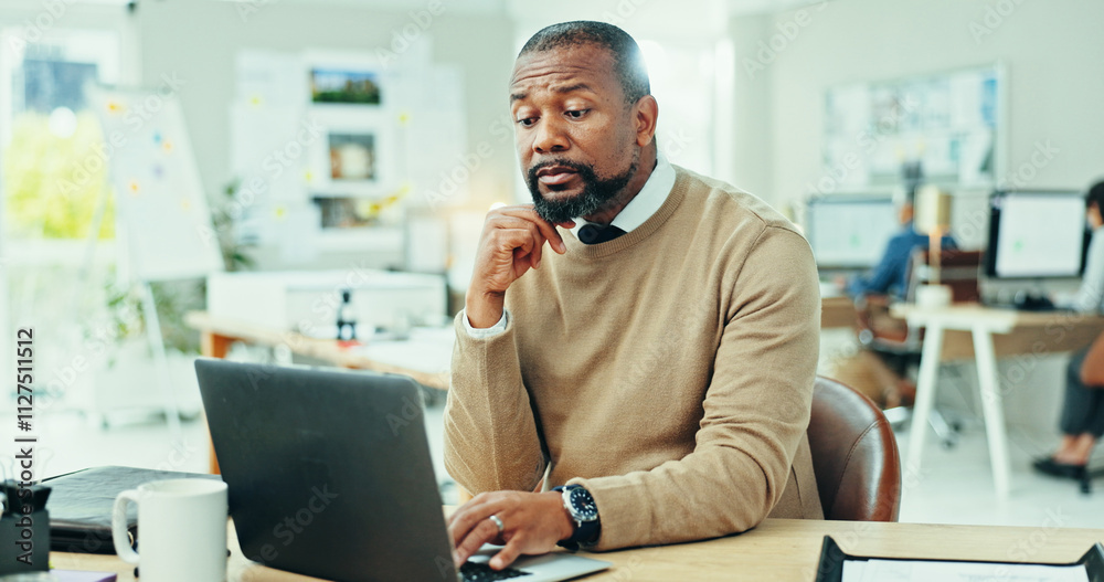 Poster thinking, research and laptop with business man in office for design proposal, project management an