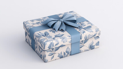 3D render gift box with blue ribbon. Isolated closed package with pastel glossy bow on white background. Holiday surprise, present for birthday, christmas or wedding, Realistic. 3D Illustration
