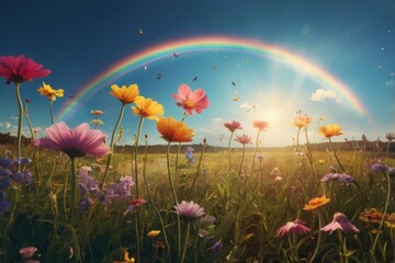 Fototapeta premium A lush, vibrant meadow with giant flowers, glowing fireflies dancing in the air, and a rainbow arching across a bright blue sky. 