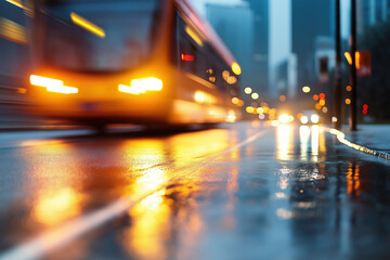 Fototapeta premium City streets illuminated by bus headlights during rain at dusk in urban landscape