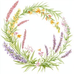 Naklejka premium A lovely display of purple flowers and green leaves set against a white backdrop, perfect for decoration..An elegant combination of purple blooms and green foliage on a white canvas, superb for