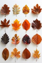 A collection of colorful leaves scattered on a white background