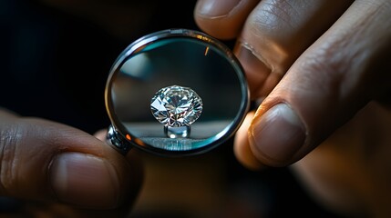 A jeweler using a magnifying glass to inspect a diamond for a custom ring.