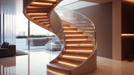 A contemporary spiral staircase with beautifully crafted wooden steps, discreet LED strip lighting, and a glass railing that creates a striking focal point in a modern luxury interior