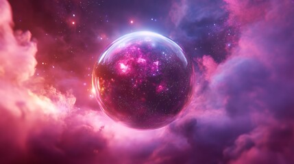 Naklejka premium Vibrant Cosmic Sphere Surrounded by Colorful Nebula in a Starry Space Setting