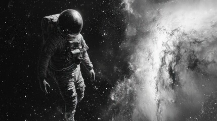 Fototapeta premium Astronaut floats, cosmic backdrop, grayscale image.