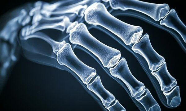 Close-up X-ray of a human hand, revealing detailed bone structure and joints.