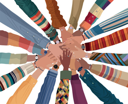 A group of hands stacked on top of each other. Diverse multicultural people. Embracing diversity, cultural inclusivity, and racial equality. teamwork community cooperation and unity