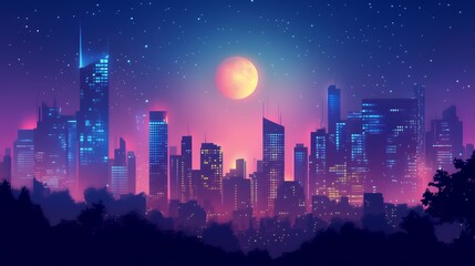 Vibrant City Skyline Illuminated by a Full Moon at Dusk With Stars Twinkling in the Night Sky