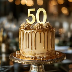 Elegant Golden 50th Birthday Cake With Decorations at a Celebration Venue During Evening Festivities
