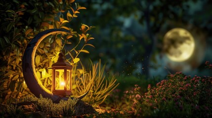 A peaceful garden with a crescent moon and a glowing lantern symbolizing spiritual reflection