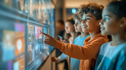 Happy children interact with a large interactive touchscreen display, exploring digital content.