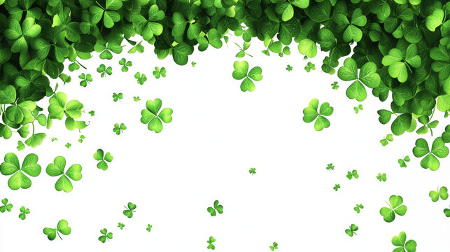 Lucky four leaf clover, border for Irish Patricks day background. Green shamrock leaves, wavy divider isolated on transparent background, vector realistic illustration