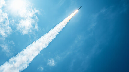 White steam trail from plane or rocket on blue clear sky. Realistic vector illustration of curve smoke tail. Airplane speed flight condensation contrail. Panoramic skyscape with swirl motion gas track