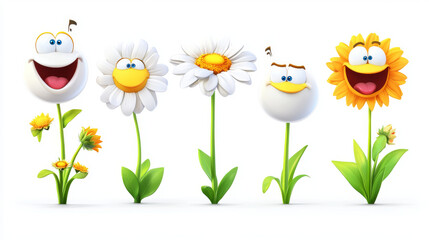 Cute daisy flower character with smiling face. Different emotions of chamomile. Emoji icons with funny daisy character isolated on pink background, vector cartoon set
