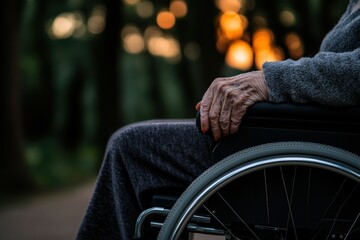 Obraz premium Hands resting on a wheelchair during a peaceful sunset