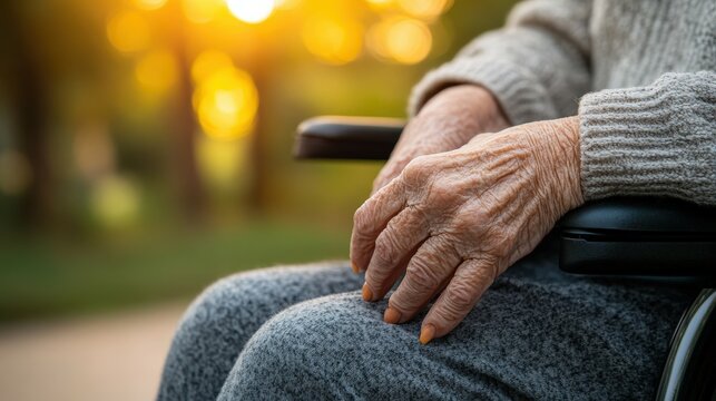 Elderly person in wheelchair enjoying sunset in the park - Powered by Adobe