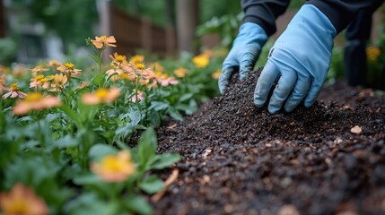 A person wearing blue gloves plants flowers in a garden or yard