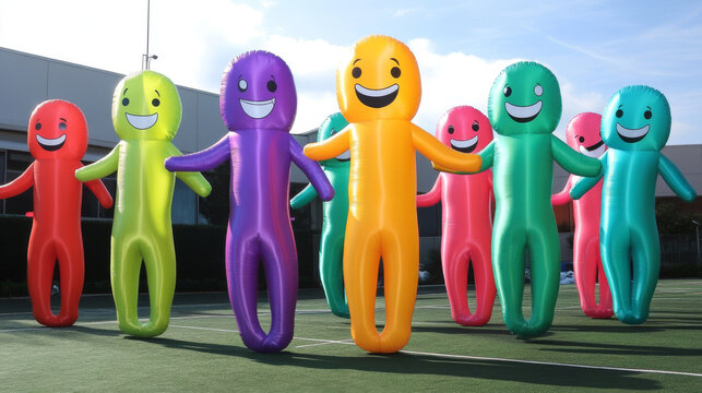 Inflatable tube men, dancing and waving arm advertising characters. Vector cartoon set of air dancers, funny mascot with blowing wind for promotion and attraction isolated on white background