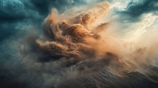 Desert sandstorm, brown dusty twisted or swirling vortex cloud banner or dry sand flying with gust of wind, brown smoke realistic texture vector illustration isolated on transparent background