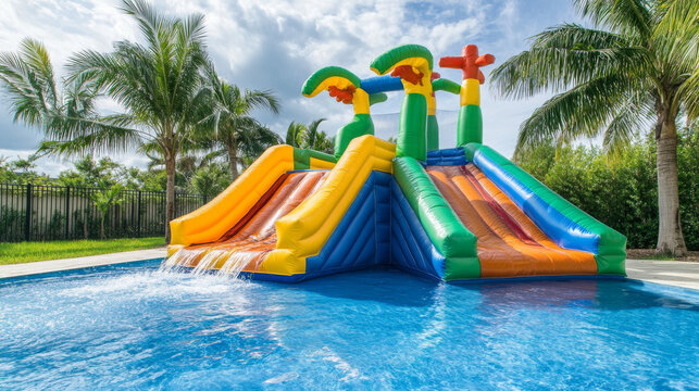 Inflatable aquapark children water slide in shape of castle with tower, beach with palm trees with swimming pool. Cartoon vector set of bouncy amusement waterpark trampoline for kid play activity.