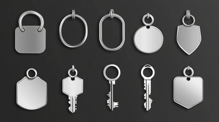 Silver keychain with ring mockup for branding. Realistic vector illustration set of blank grey metal key holder template. Chrome trinket souvenir badge of round rectangle and square shape.