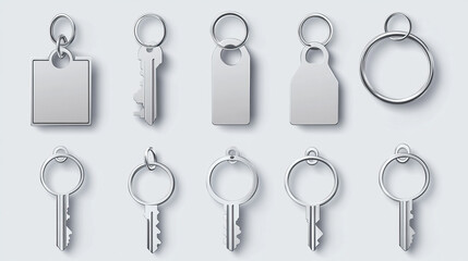 Silver keychain with ring mockup for branding. Realistic vector illustration set of blank grey metal key holder template. Chrome trinket souvenir badge of round rectangle and square shape.
