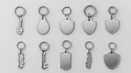 Silver keychain with ring mockup for branding. Realistic vector illustration set of blank grey metal key holder template. Chrome trinket souvenir badge of round rectangle and square shape.