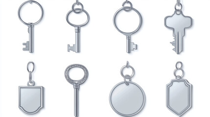 Silver keychain with ring mockup for branding. Realistic vector illustration set of blank grey metal key holder template. Chrome trinket souvenir badge of round rectangle and square shape.