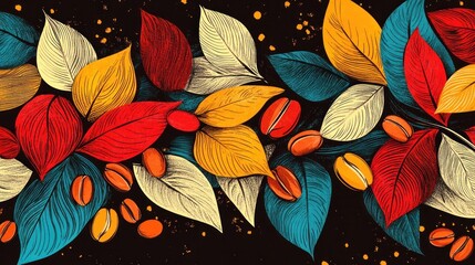 Stylized pattern of coffee plants, beans, and abstract line art leaves.

