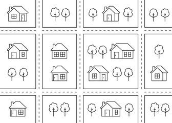 Map of city, village, childish line graphic pattern with street road, house. Neighborhood. City landscape, top view. Kids seamless background, play mat for children. Coloring. Vector line illustration