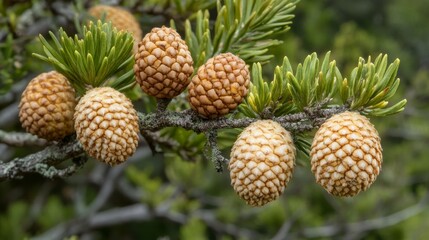 Close-up of a coniferous branch with pine cones, basking in natural sunlight.

