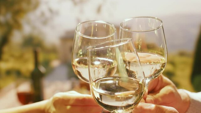 Friends Toasting White Wine Glasses During Outdoor Summer Party Celebration Dining Friendship Joy