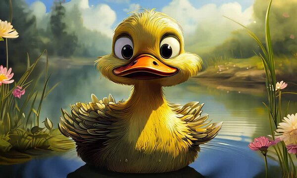 Cute duck on the pond, ugly duckling from a fairy tale. Cartoon duckling on the background of a lake.