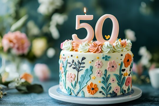 Beautifully Decorated Floral Cake Celebrating a 50th Birthday With Vibrant Colors and Elegant Design