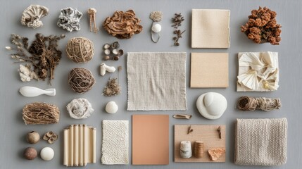 An organized flat lay of architectural materials and sketches for a design project.

