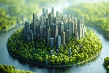 A small city model with buildings and roads, surrounded by lush green trees