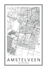Printable downtown road map poster of the Dutch city of AMSTELVEEN on solid white background with city name