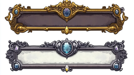 Fantasy gold and silver frames in medieval style for rpg game ui design. Vector cartoon set of empty banners with ancient fancy golden and metal border and purple gems