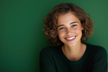 Obraz premium Young woman smiles brightly against a green background, showcasing enthusiasm and joy
