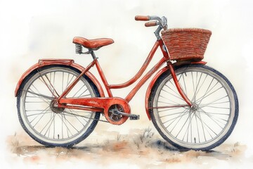 Fototapeta premium A bright red bicycle with a wicker basket on the back, ready for adventure