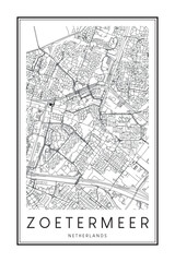 Printable downtown road map poster of the Dutch city of ZOETERMEER on solid white background with city name